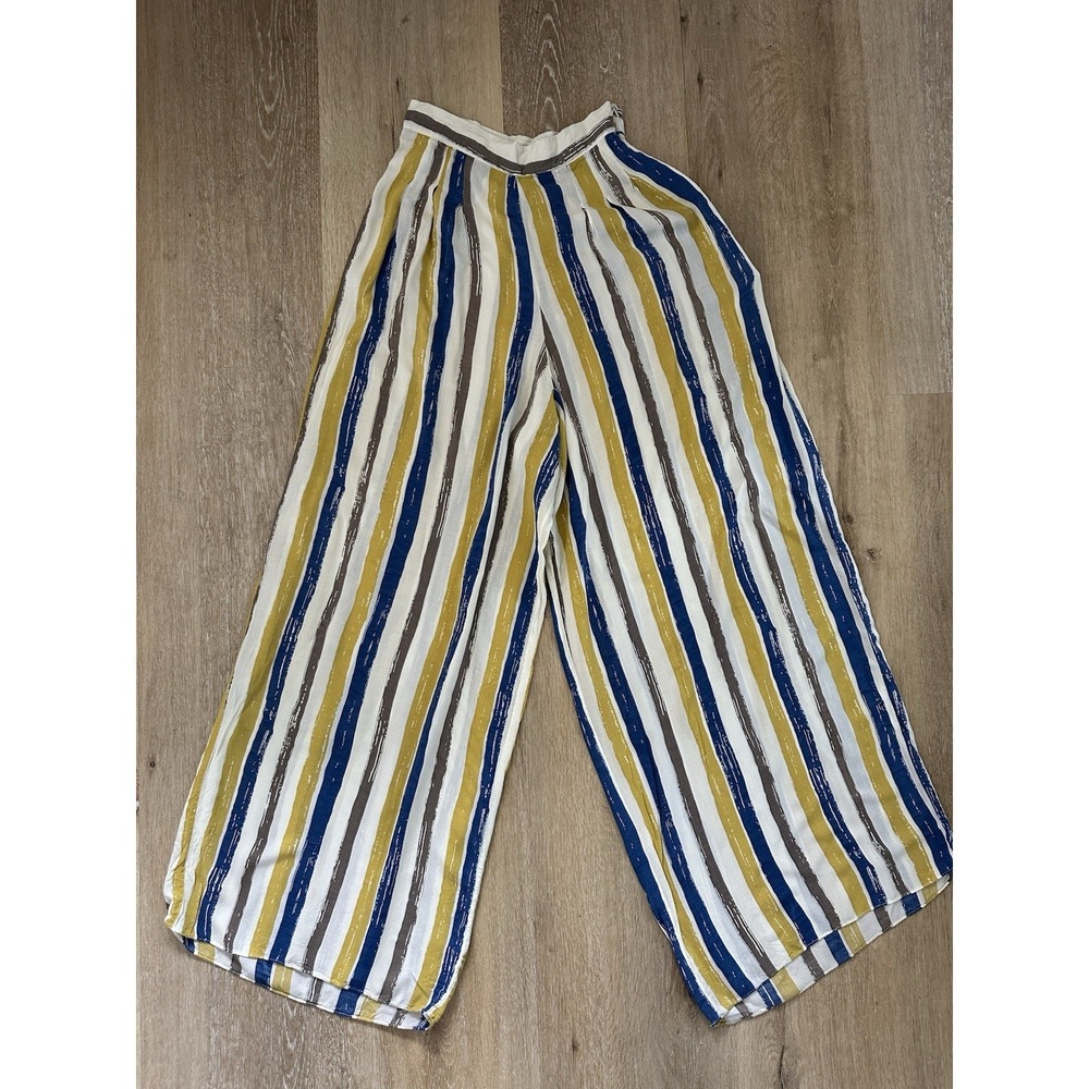 Latiste Womens Striped‎ Wide Leg Pants Small Blue Yellow Coastal Beach Resort